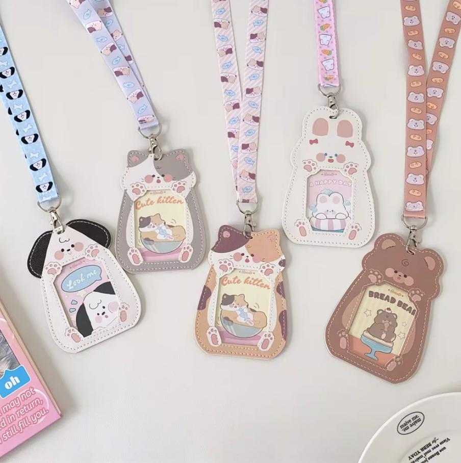 Cartoon Puppy Cat Leather 3inch Cards Cover Neck Strap Lanyard Campus Card Holder For Student