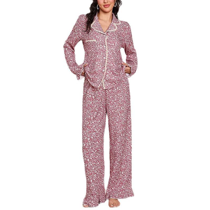 Spring Floral Lace Pajama Set: European & American Style, Long Sleeve, Lapel Design for Women