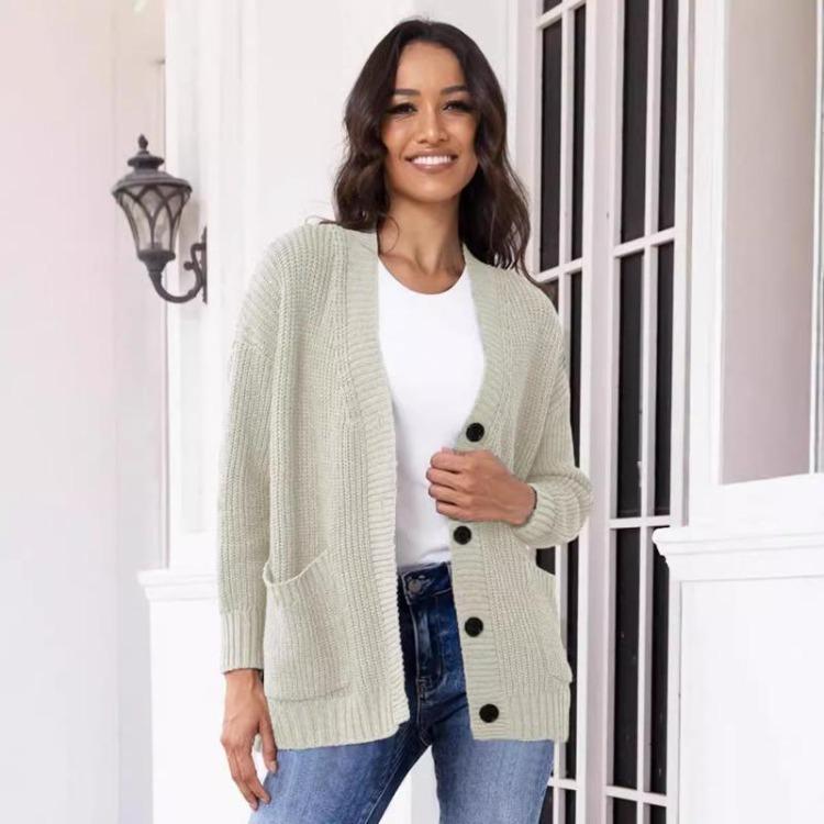 Women's V-neck Solid Color Knitted Cardigan Loose Single-breasted Sweater for Spring and Autumn