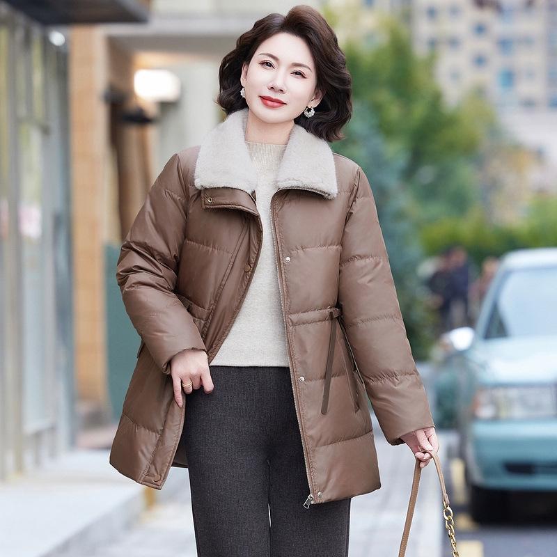 

Stylish Mid-Length Mink Fur Collar Down Jacket for Middle-Aged & Elderly Women, Thickened Winter Coat with Waist Cinching L [90-105 kg]