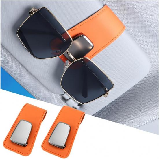 Car Sunglass Holders, 2PCS Leather Vehicle Sun Visor Eyeglasses Hanger Clip, One Handed Operation Automotive Interior Glasses Ticket Storage Clamp