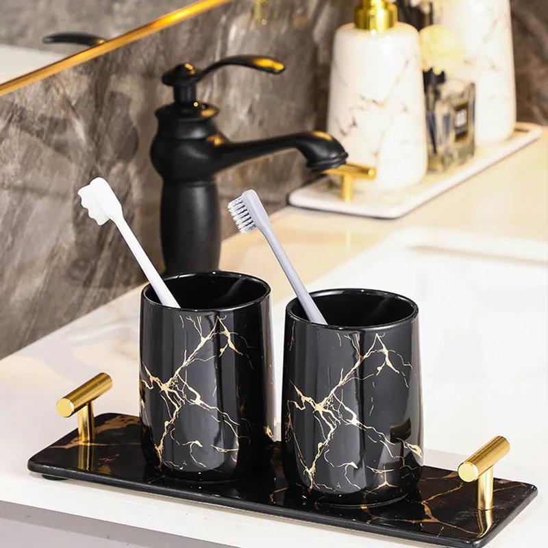 Creative Marble Texture Ceramic Toothbrush Cup Bathroom Accessories Set Soap Bottle Toothbrush Holder Soap Dish Household Tray