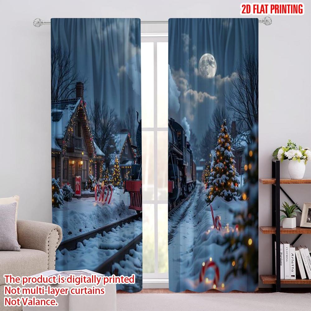 

Set Of 2 Flat Printing Merry Christmas Curtains Holiday Winter Train Fabric Without Electricity Curtain Polyester Machine Washable W100*H70(CM)-Rod Pocket&2PCS