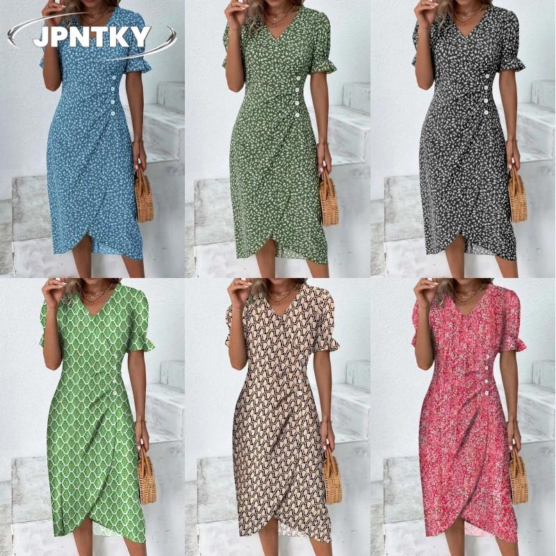 JPNTKYYWomen's Fashion Summer Spring Short Sleeve V-Neck Casual Dresses