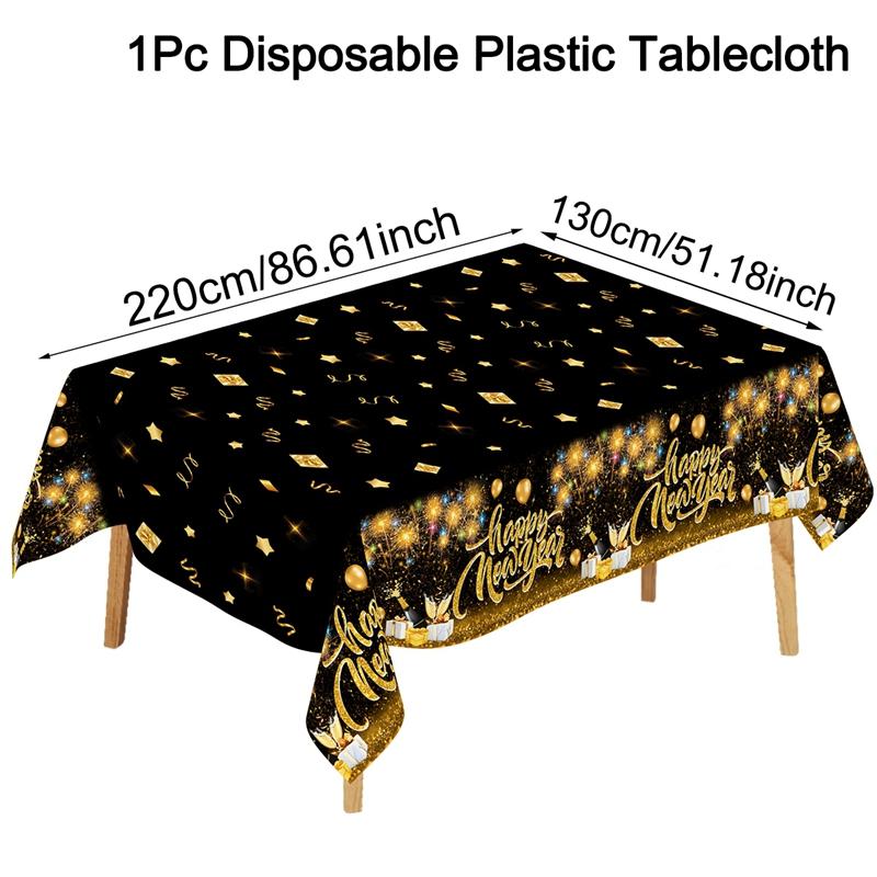 Black Gold New Year Disposable Tablecloth Happy New Year Party Decorations for Home 2026 Kitchen Dinning Plastic Table Cover