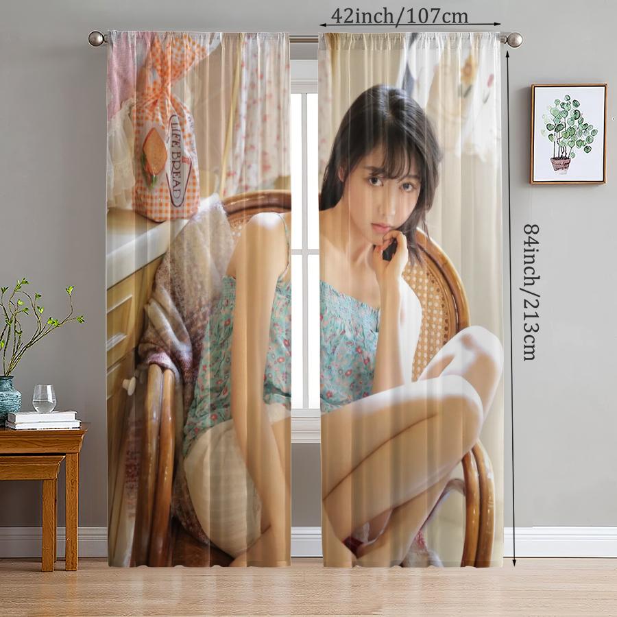 2 Pieces of Pure and Innocent Beauty Model Printed Curtains, Pole Bag Home Decoration, Room Decoration