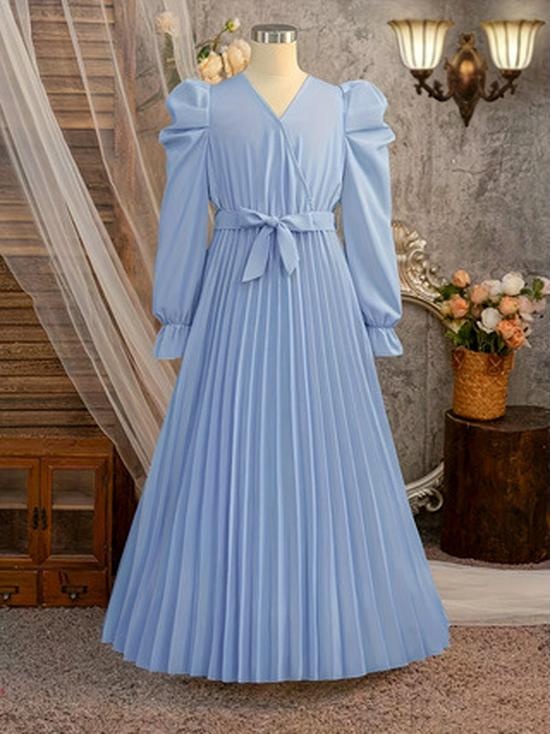 Girls' Retro Elegant Lantern Sleeve Dress with Pleated Skirt and Decorative Belt