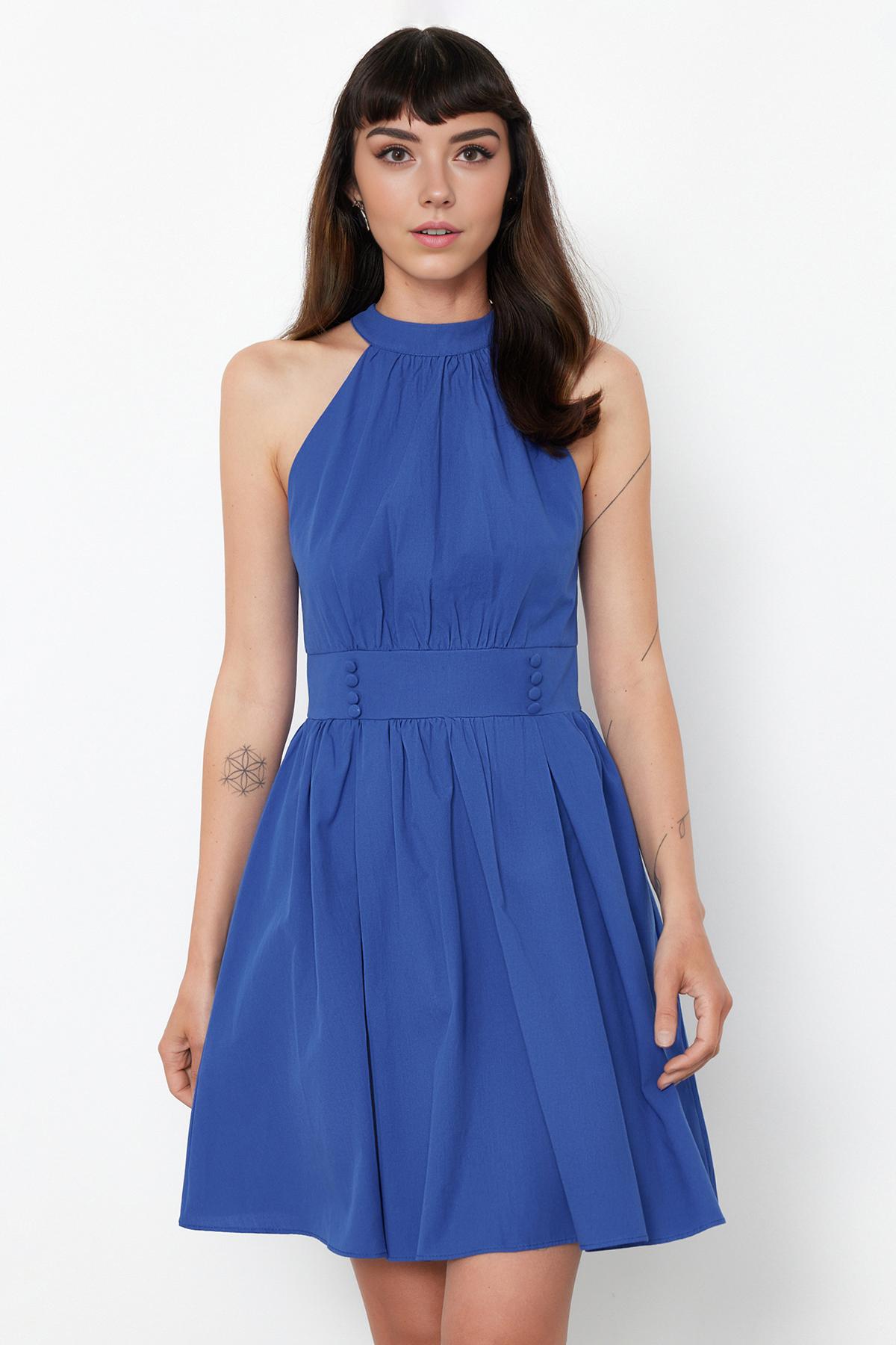 

Women s Style Dress Navy Blue Halter Neck A-Line Pleated Mini Woven Dress L