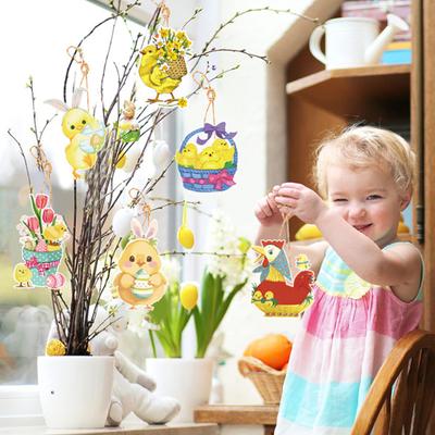 8Pcs Year of 2024 Easter Theme Charm Cartoon Colorful Chicken & Bunny Paper Hanging Ornament Gift Packing Bag Tag Pendant Easter Party Decoration