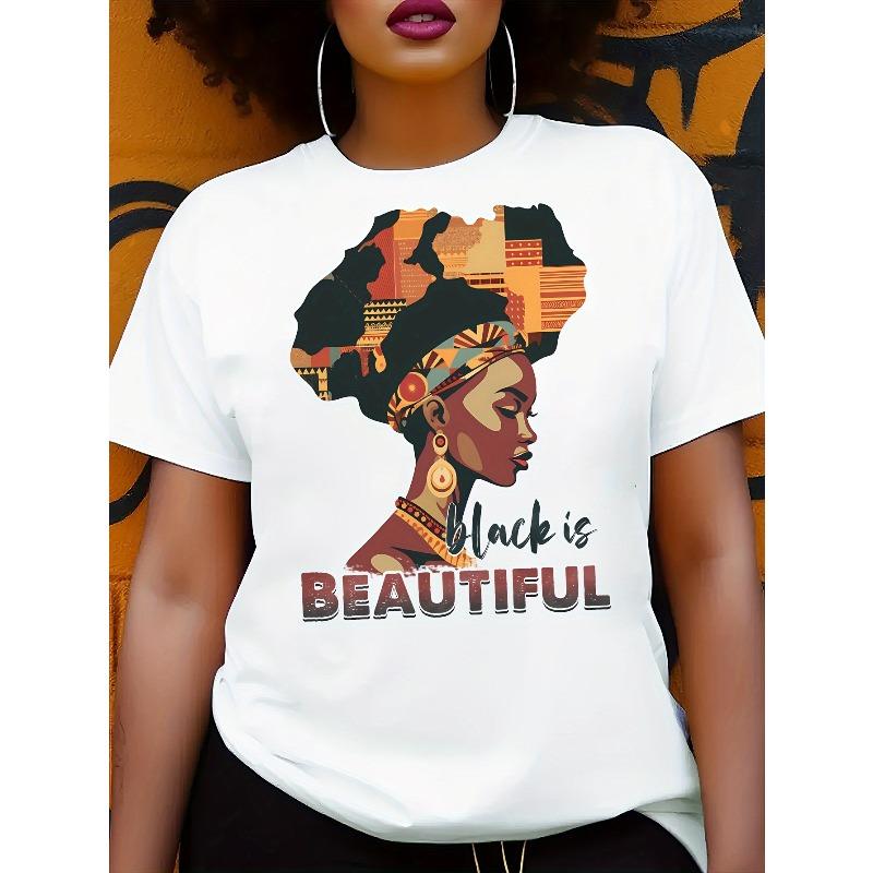 European Size Soft Breathable Fabric - Round Neck Top with Vibrant African Continent Map & Dreadlock Woman Face Print - Women'S African Print T-Shirt
