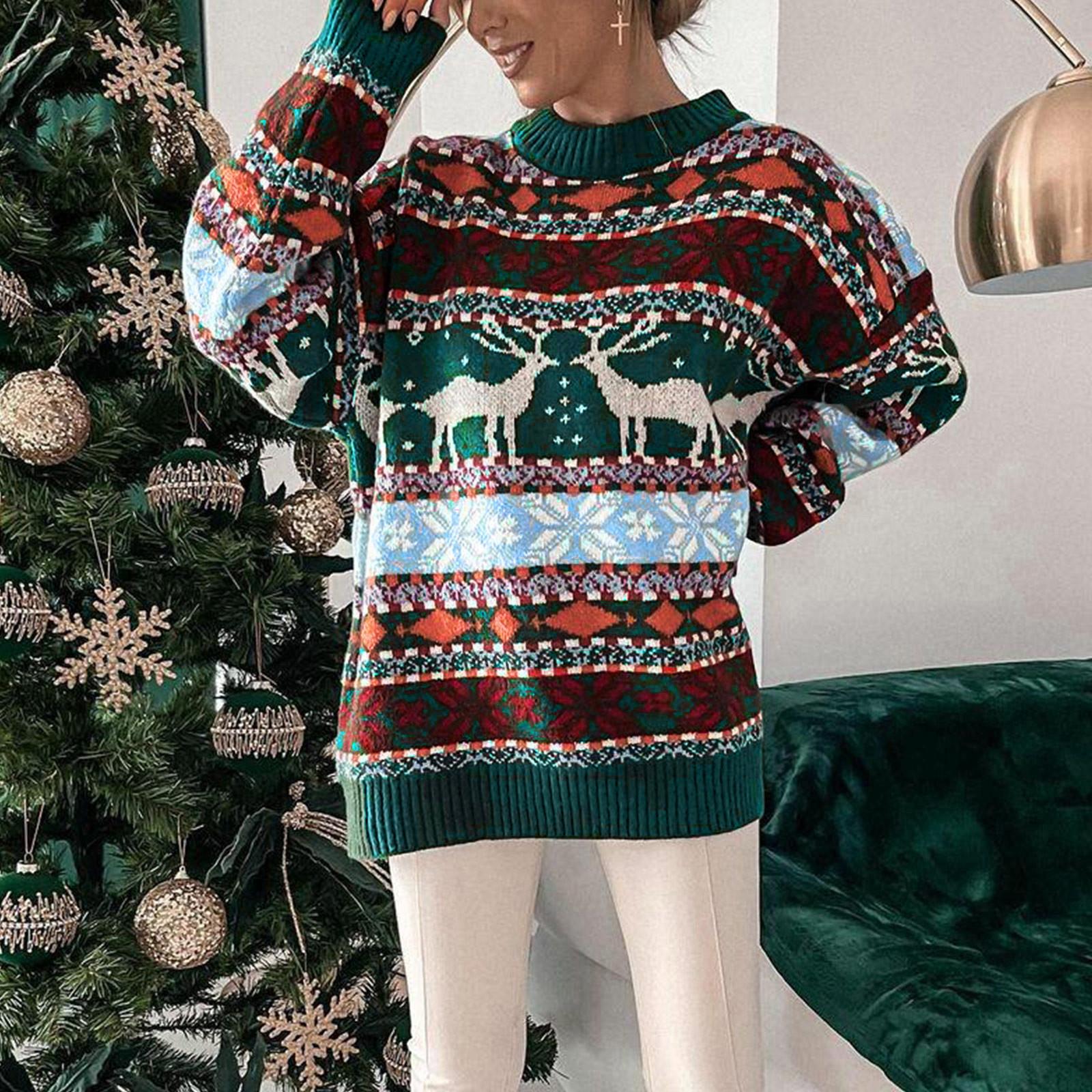 Женский модный осенний и зимний свитер с круглым вырезом и длинными рукавами с принтом XL зелёный