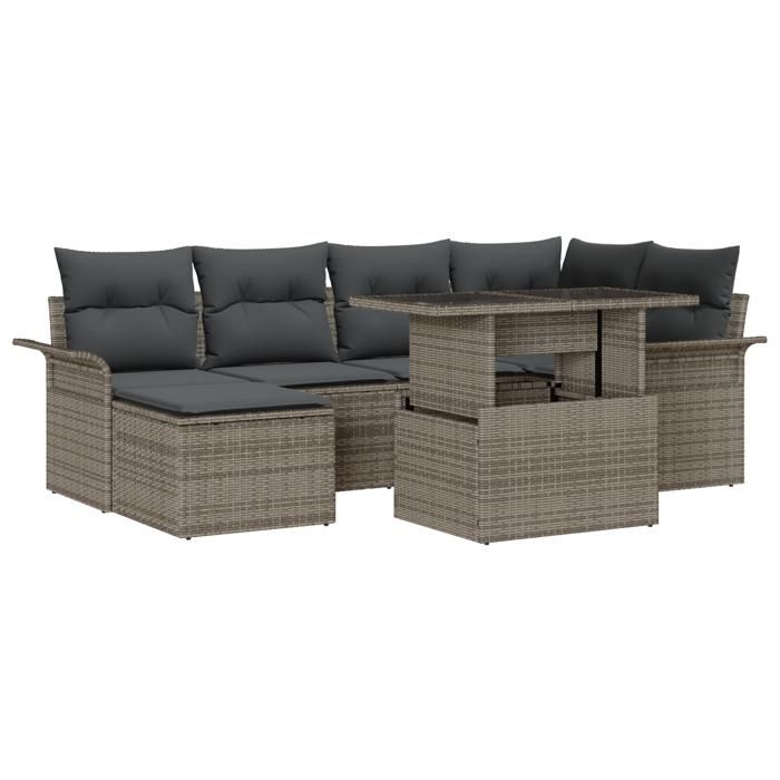 Ensemble de canapé de jardin 7 pièces avec coussins gris en poly rotin, Canapé de jardin 2 places avec rangement et coussins 3357052