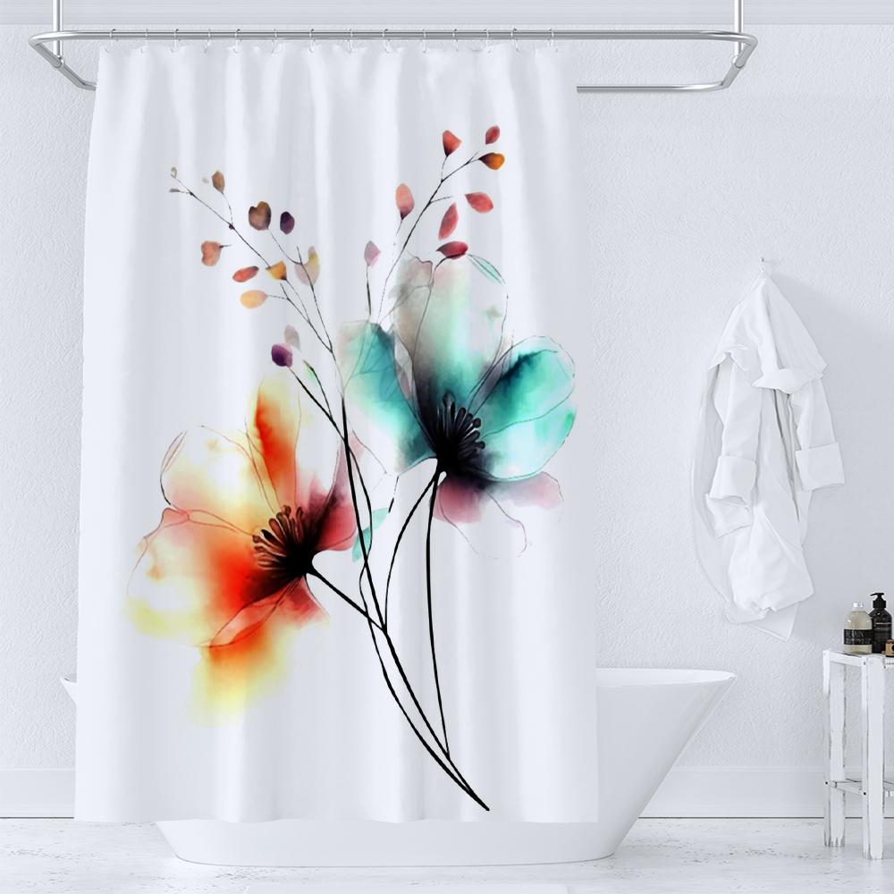 

Bathroom Watercolor Plant and Floral Shower Curtain Minimalist Art Flowers Polyester Fabric Decoration Shower Curtain with Hooks W90xH180cm
