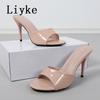 Fashion Liyke Fashion Round Toe Women Thin Heels Slippers Slides Female Mules Sandals Summer Ladies Heeled Slipper Shoes Zapatos Mujer