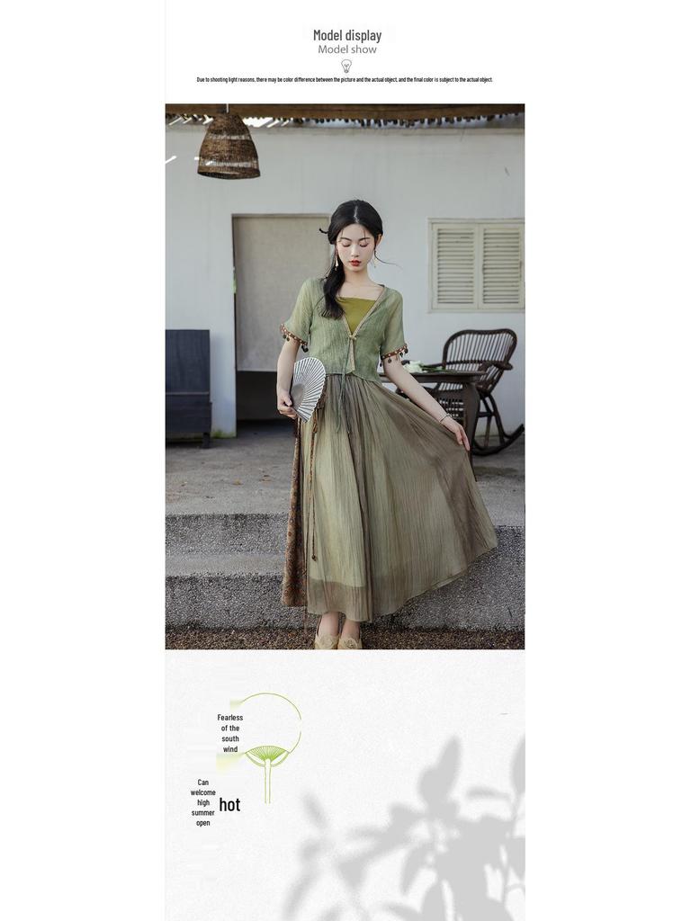 Chinesisches Sommer-Hanfu-Kleid für Damen: 3-teiliges Zen-Tee-Set
