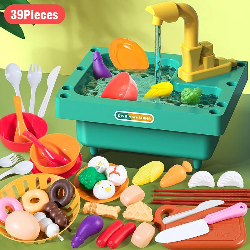 Table de Lavage de Vaisselle Non Toxique pour Enfants Cuisine Jeu de Rôle Robinet Cycle de Sortie Eau de Recyclage Kit d'Évier Électrique Jouets en Plastique pour Enfants Cadeaux