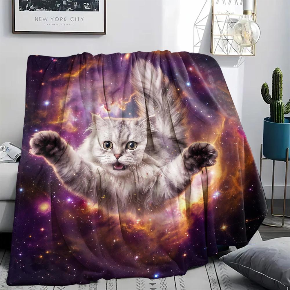 1Pc Galaxy Cat Dog Print Flannel Blanket High Quality Warm Comfortable Cover for All Seasons Perfect for Gifts Home Decor