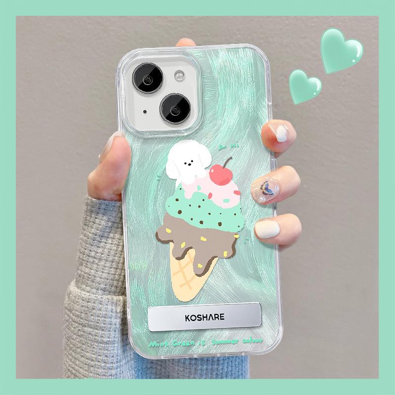 Suitable for Apple 15 Mobile Phone Case Summer Iphone14 Cute Ice Cream Animal Stand Chain 13 Feather Yarn 12 Women