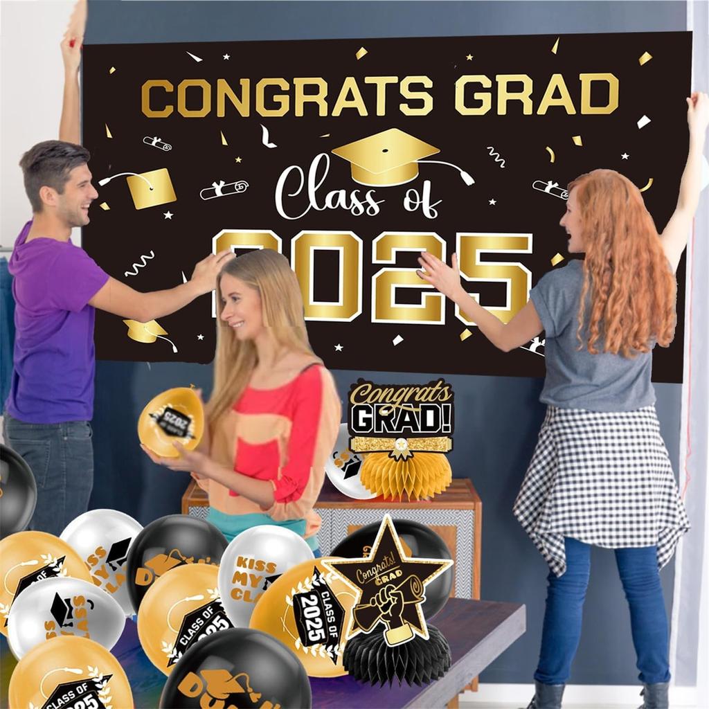 Graduation Decorations Blue Themed Set - Congrats Grad Banner, Class Of 2025 , Balloons & Streamers Kit - Complete Party Supplies For High School &