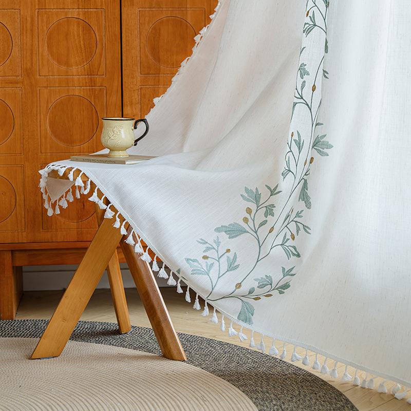Boho Floral Semi-Blackout Curtains, Cotton Linen Farmhouse Curtains for Living Room Bedroom Vintage Rustic Patterned Printed