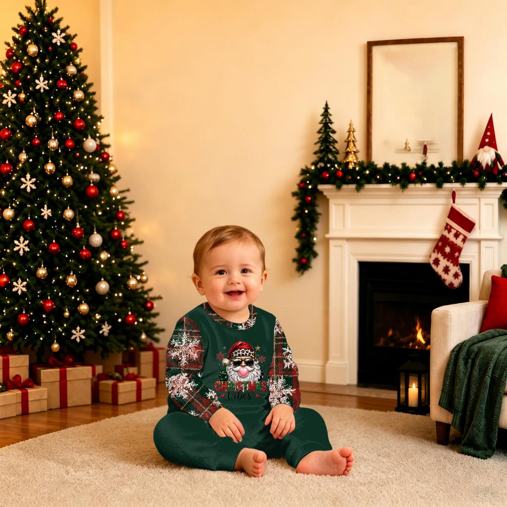 Matching Family Christmas Print Pajamas Set Long Sleeve Top and Pants Loungewear for Adults and Kids