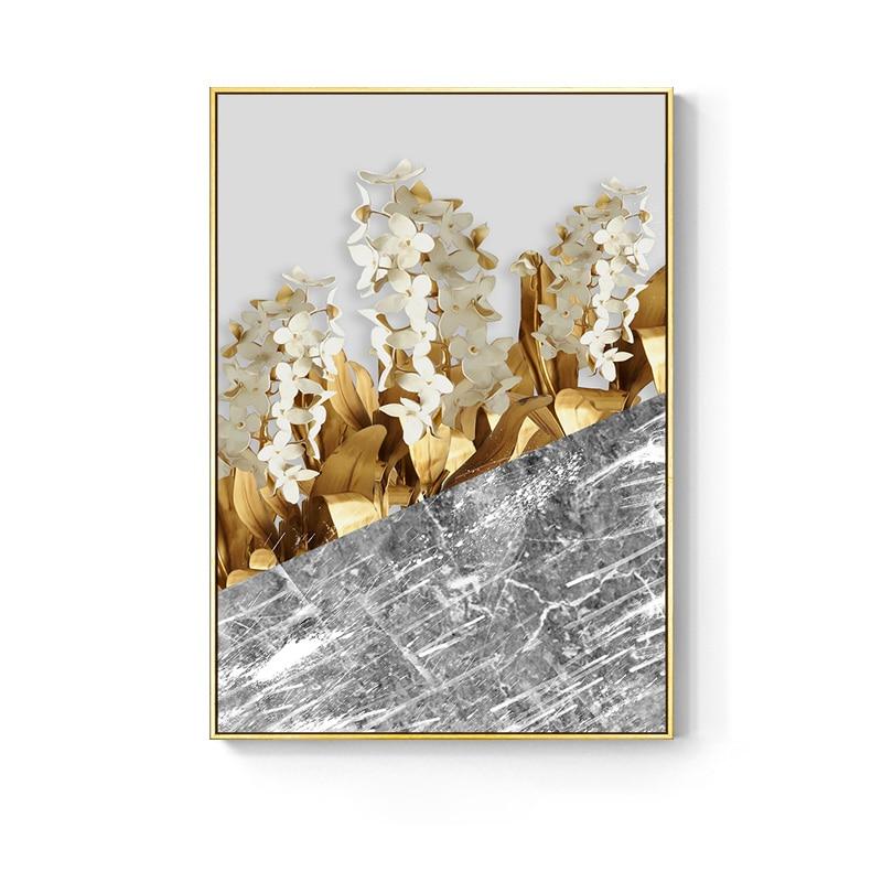 Simple Golden Abstract Leaf Wall Art Canvas Painting Feather Poster Picture Living Room Home Decoration