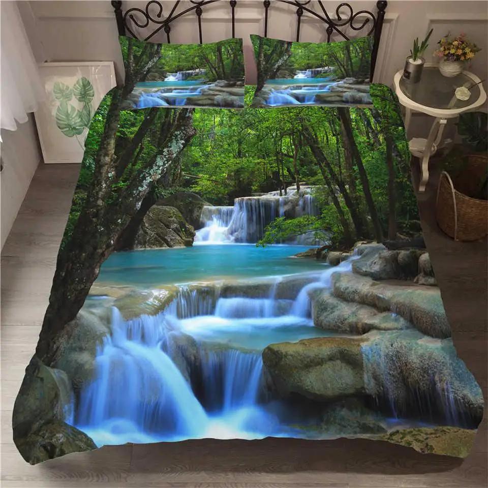 Waterfall Duvet Cover Set Natural Scenery Quilt Cover Pillowcase Landscape Forest Waterfall Queen Size Polyester Bedding Set