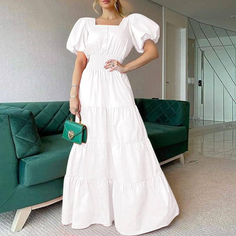 

2023 Summer Dress Sundress Square Collar Puff Short Sleeve Slim Fit Elasticated Waist Long Casual Beach Dress Dress White 2XL