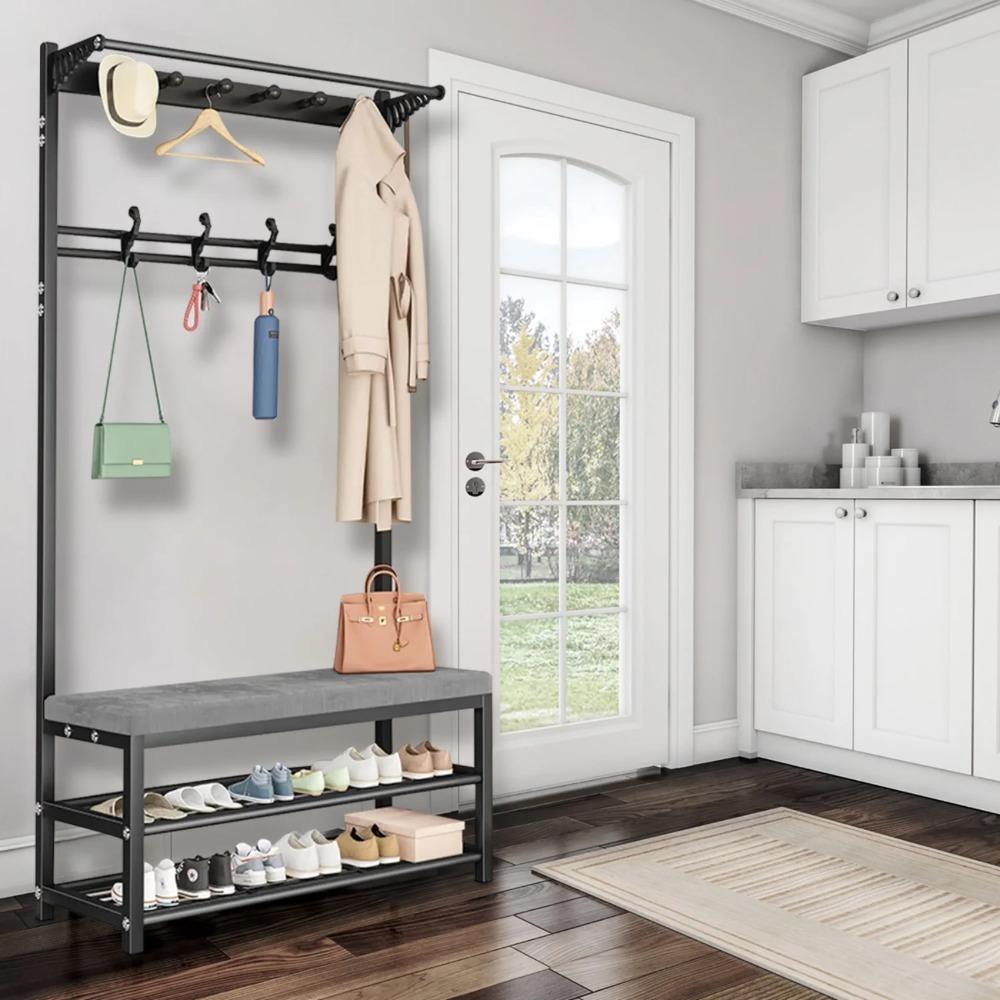 5-in-1 Garderobenbaum, Multifunktionaler Kleiderständer mit Bank & 2-stufigem Schuhregal, 10 Haken, Schwarz