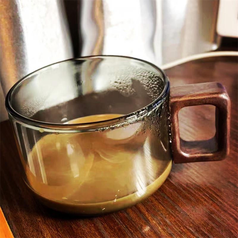Cană de cafea din sticlă americană Latte de 200 ml cu tavă de lemn lingură ceașcă de ceai cu lapte rezistentă la căldură ceașcă de cafea proaspătă măcinată