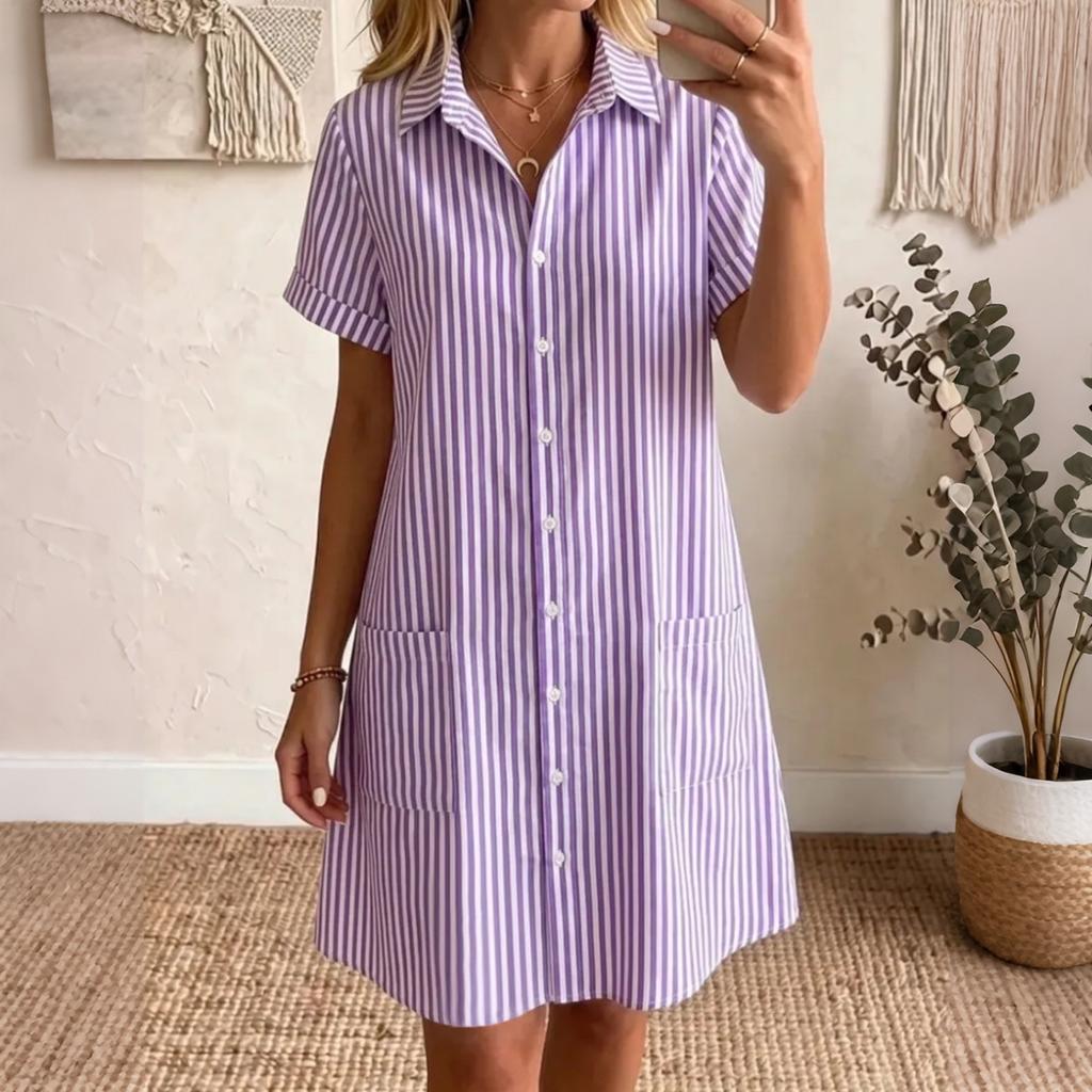 Women's Loose Fit Plus Size Striped Short Sleeve Shirt Dress Casual Mid Length Button Down Dress with Pockets Summer Style