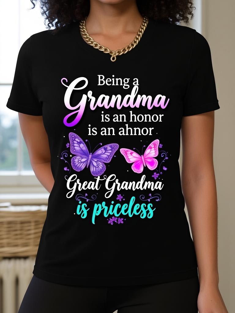 Unisex's Grandma Tshirt Being a Grandma Is an Honor Being a Greatgrandmother Is Priceless Quote and Butterfly Pattern Comfortable Fit Men's Tshirt Cre