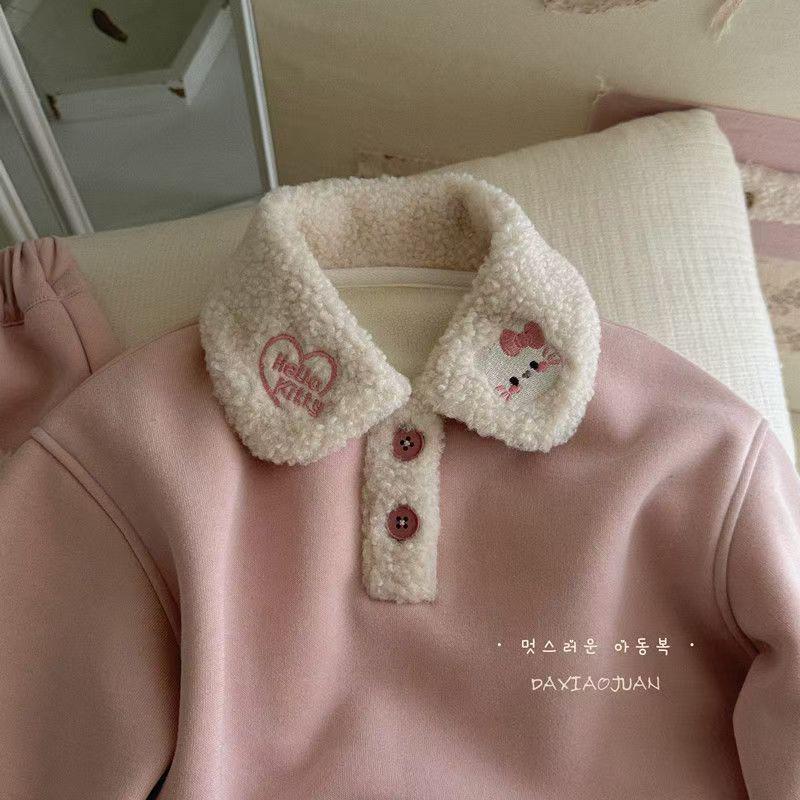 Girls' Pink Heart Fleece Two-Piece Set - 2025 Winter Fashionable Casual Outfit