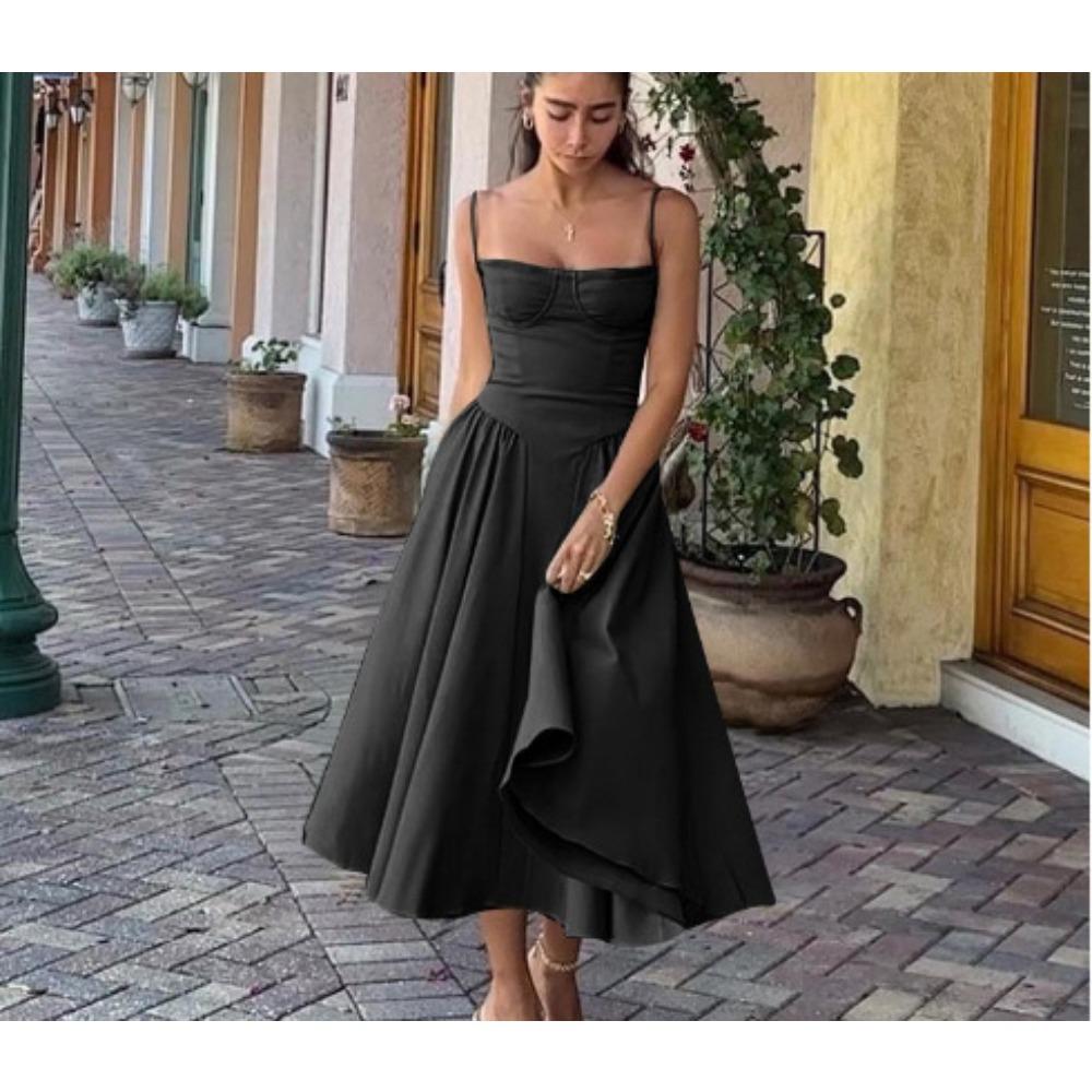 Women's Spaghetti Strap Midi Dress Solid Bustier High Waist Flared Swing Mid-Calf Sundress