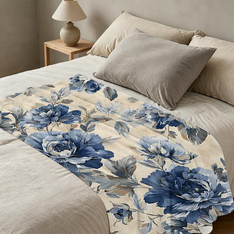 Soft Flannel Fleece Blanket Breathable Cozy Throw with Blue Flower Pattern, All Season Use, Ideal for Home Office & Christmas Halloween Gifts
