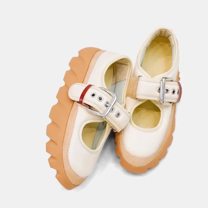 Fashion Mary Jane Shoes Women Metal Belt Buckle Shallow Thick-Soled Shoes Platform Height-Enhancing Sneakers Round Toe Sports Shoes