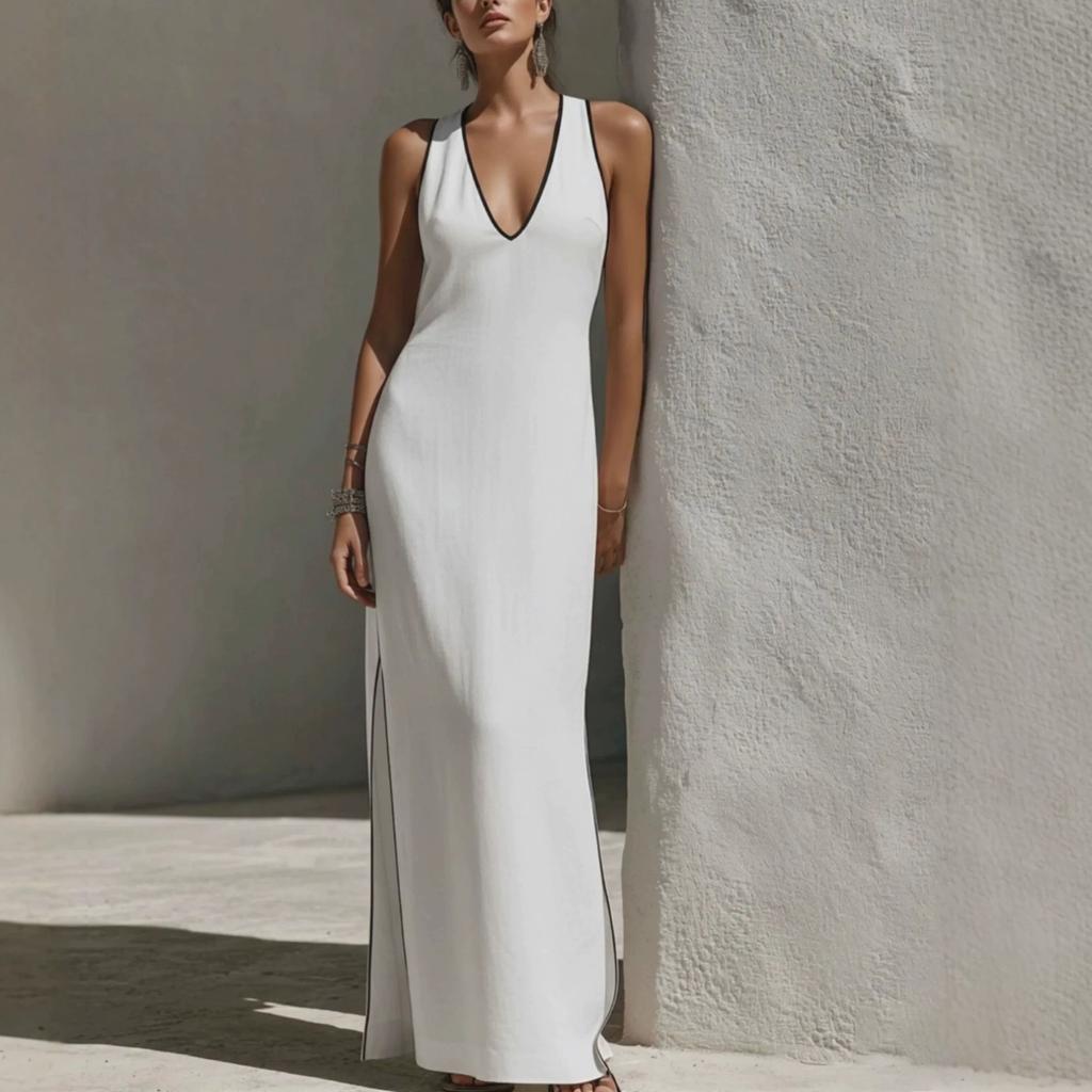 Sommerliches neues schwarz-weiß kontrastierendes dunkles V-Ausschnitt ärmelloses Kleid, französisches Temperament schlank und dünn geschlitztes weißes Kleid