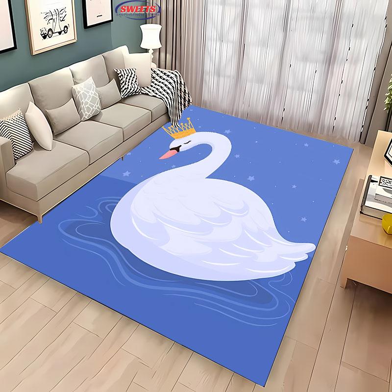 3D Printing Cute Swan Large Area Carpet for Living Room Cartoon Children's Bedroom Sofa Doormat Kitchen Floor Rug Anti-slip Mat