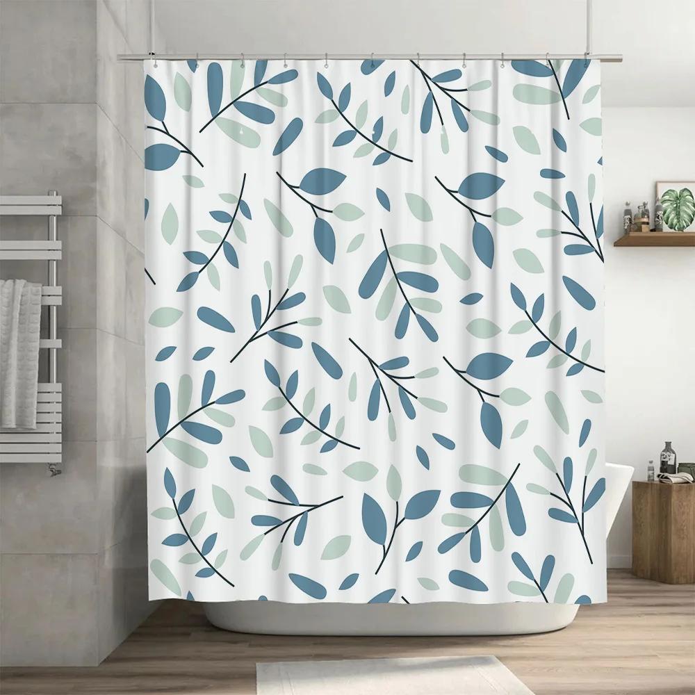 Modern Bathroom Shower Curtain Set Blue Leaves Print, Waterproof Fabric with Hook Rings Decorative Window Hanging Liner for Home