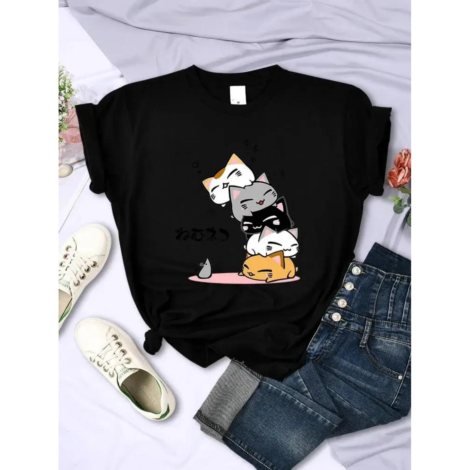 

Cute Stacked Cats Sleeping Don T See The Mouse Print Street Women T-Shirt Plus Size Casuals Tops Creativity Fashion 1232 XXXXXL чорний