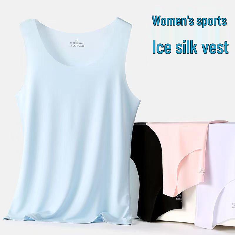 Damen Schwarzes Sommer Eis Seide Nahtloses Rundhals Tanktop Blickdicht