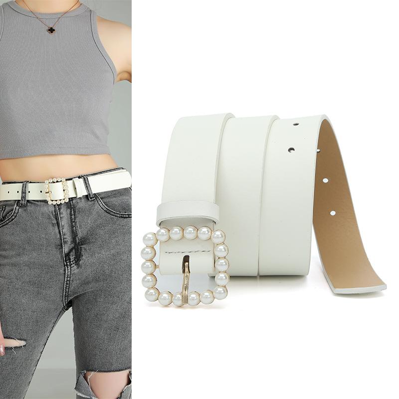 Summer Pearl Buckle Dress Belt Ladies Decorative Jeans Sun Buckle Solid Color Pu Belt Women