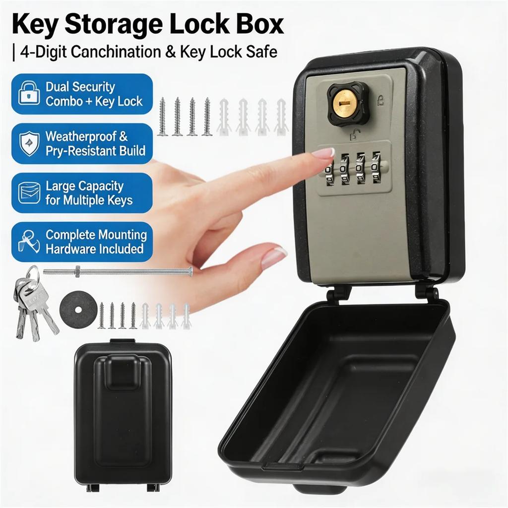 4 Digit Combination Key Lock Box with 3 Spare Keys Weatherproof Aluminum Alloy Anti-Theft Wall Mounted for Home Outdoor Storage