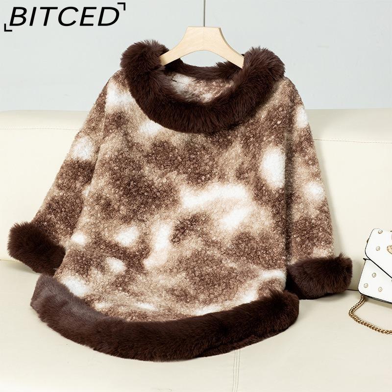 

BITCED Faux Fur Collar Pullover Contrast Leopard Print Knitted Cape Women s Autumn/Winter Vintage Oversized Knit Shawl F кофейный