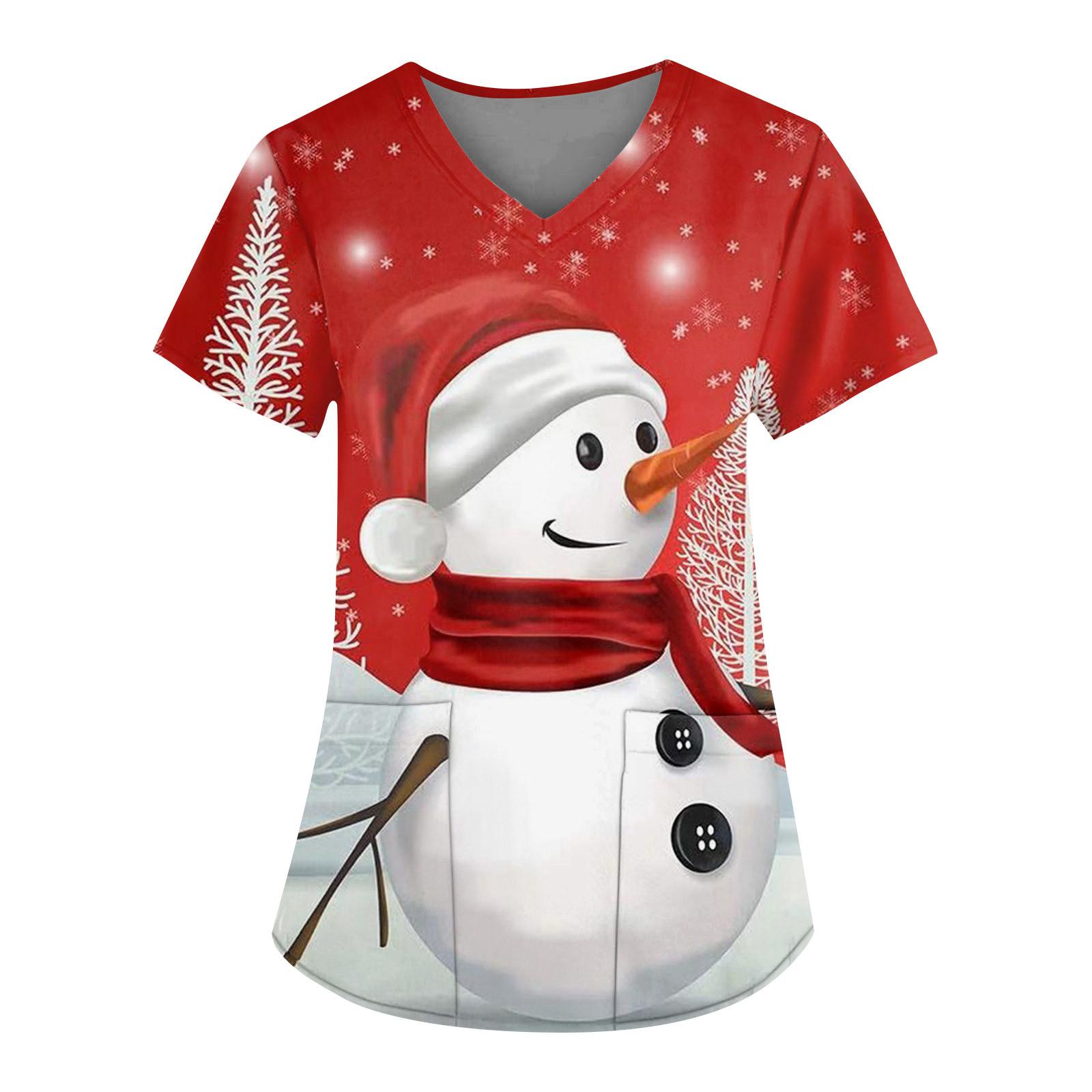 

Женская мода с v-образным вырезом, короткими рукавами и карманами, топы с рождественским принтом L красный