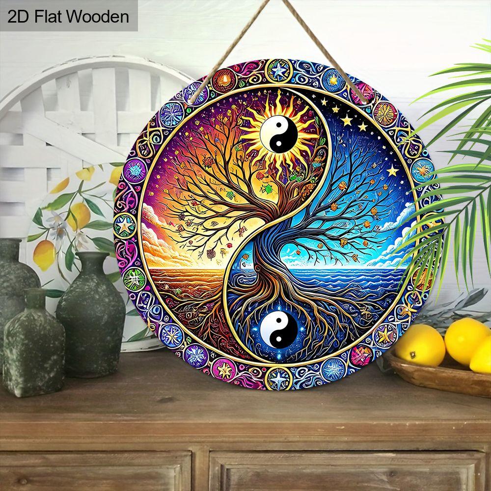 Yin Yang Tree Of Life Round Wooden Hanging Sign, 2D Flat Wooden Spiritual Wall Decor