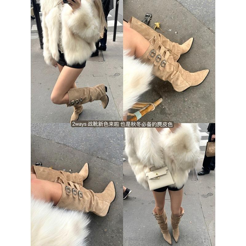 Cowhide version ~ genuine leather detachable two boots, female pointed knight boots, punk style stacked western cowboy boots