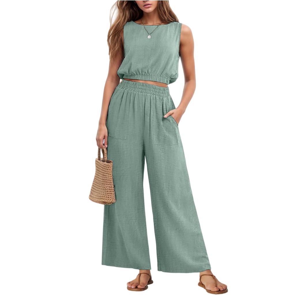 Damenmode Lässiges Ärmelloses Tanktop Mit Elastischem Saum Und High Waist Weiter Bein Zweiteiliges Set