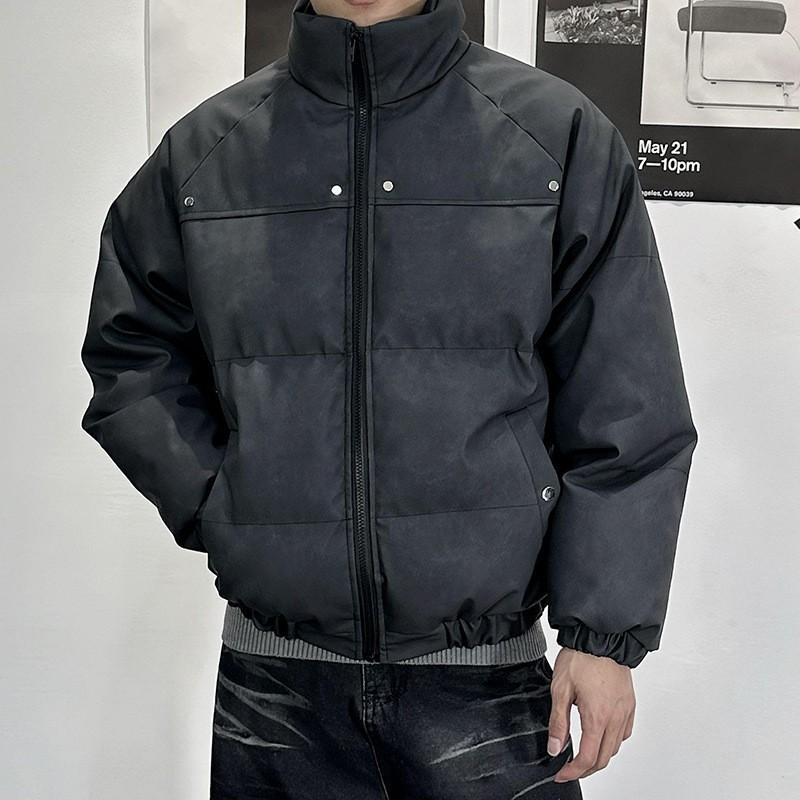 Mens Winter Hip Hop Streetwear Cotton Puffer Jacket Thick Rivet Detail Loose Fit Stand Collar Warm Casual Coat