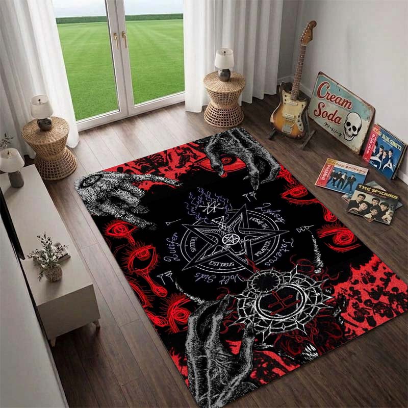 Gothic Dark Goat Head Ghost Carpet,Non-Slip Carpet for Living Room Bedroom Home Decor,inverted Pentagram Skull with Red Eyes, and Mysterious Runes